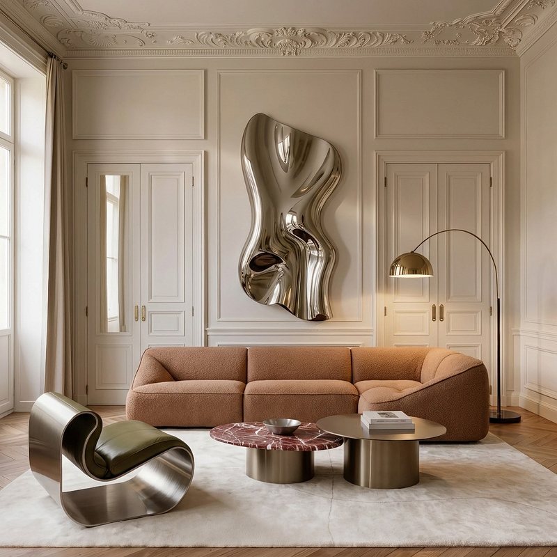 Indoor furniture: a curved bouclé sofa and a steel lounge chair in a panelled salon